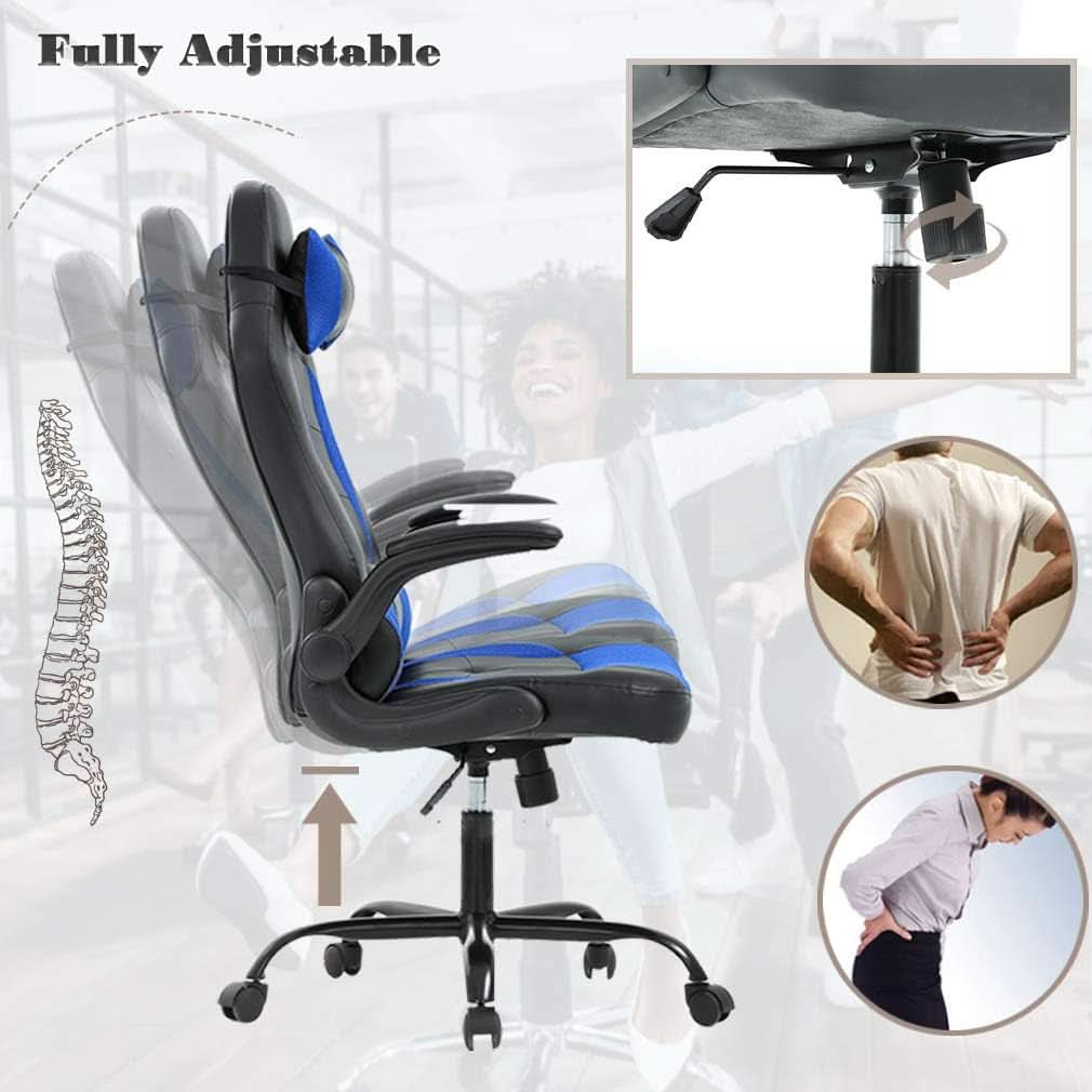 Blue PU Leather Ergonomic Gaming Chair With Lumbar Support - NEXVADO