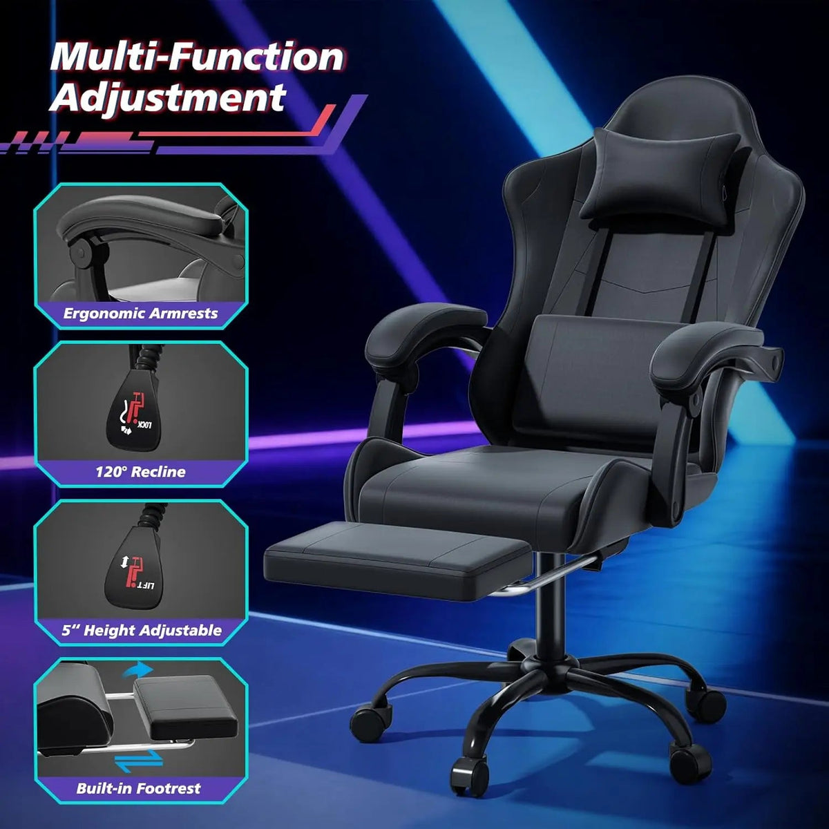 Gaming Chair for Adults, Ergonomic Computer Chair with Linkage Armrests,Height Adjustable Gamer Chair with Footrest and Headrest - NEXVADO