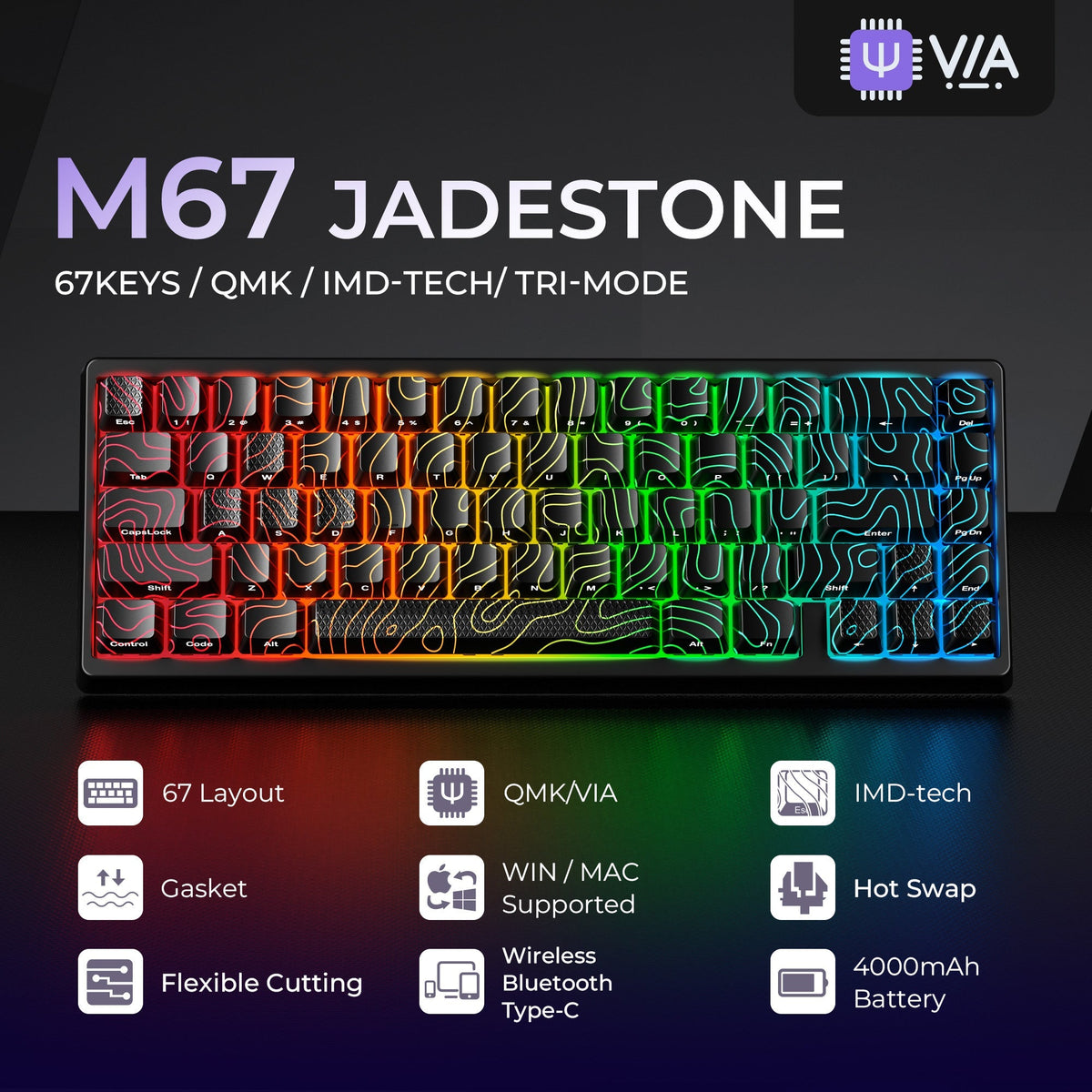XVX M67 JadeStone Interstellar Black Tri-Mode RGB Mechanical Keyboard - NEXVADO